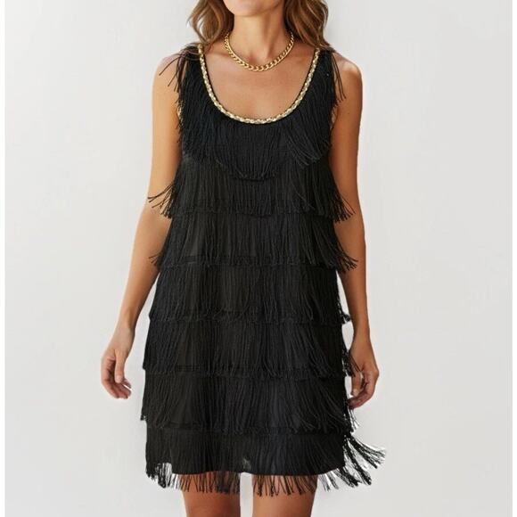 Charades VTG Black Fringe Flapper Dress S Halloween Costume Cosplay 20s Gatsby - Picture 1 of 10